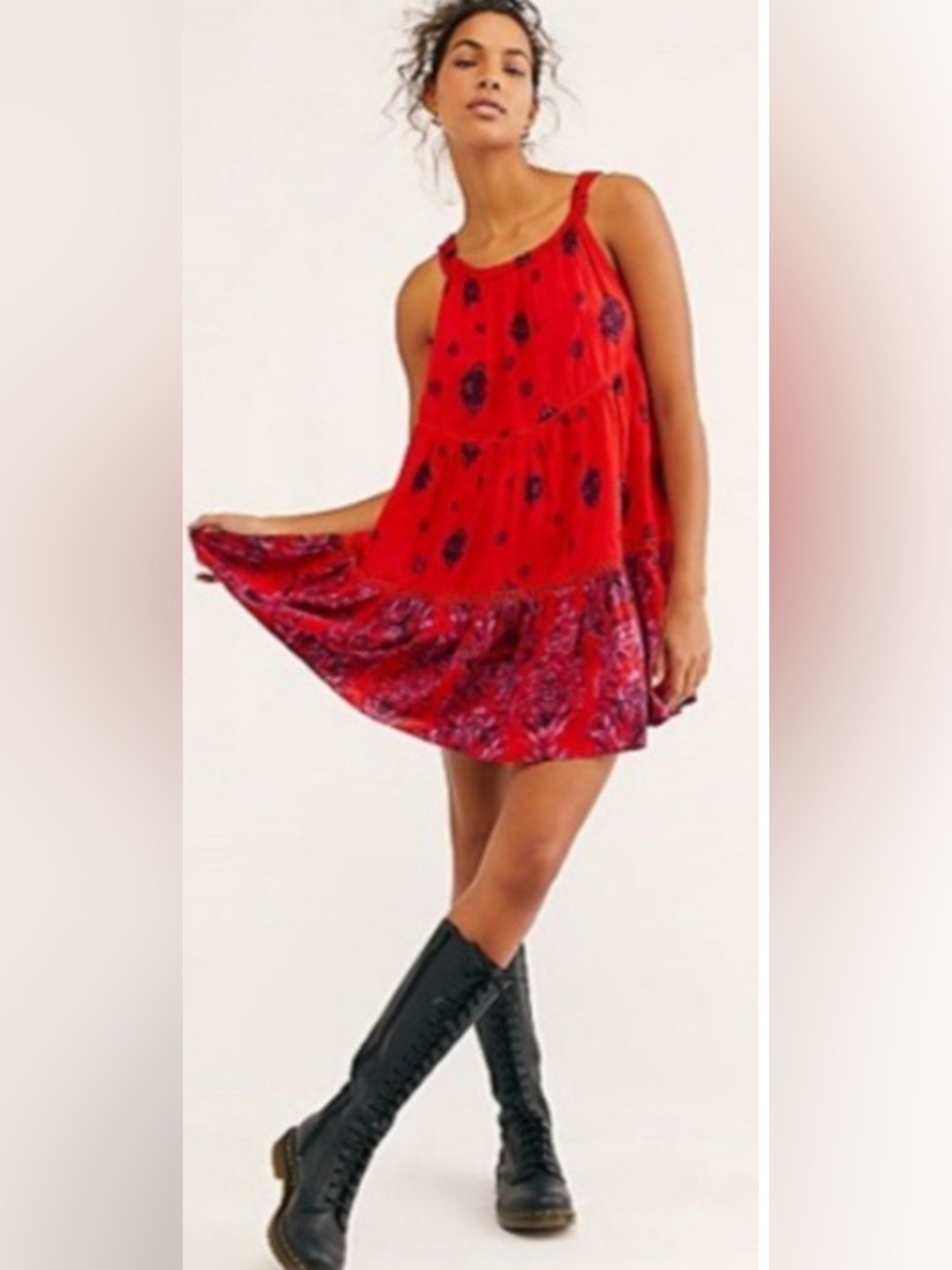 Free People (Intimately) Red Floral-Accented Tiered Mini Dress Women’s Size M